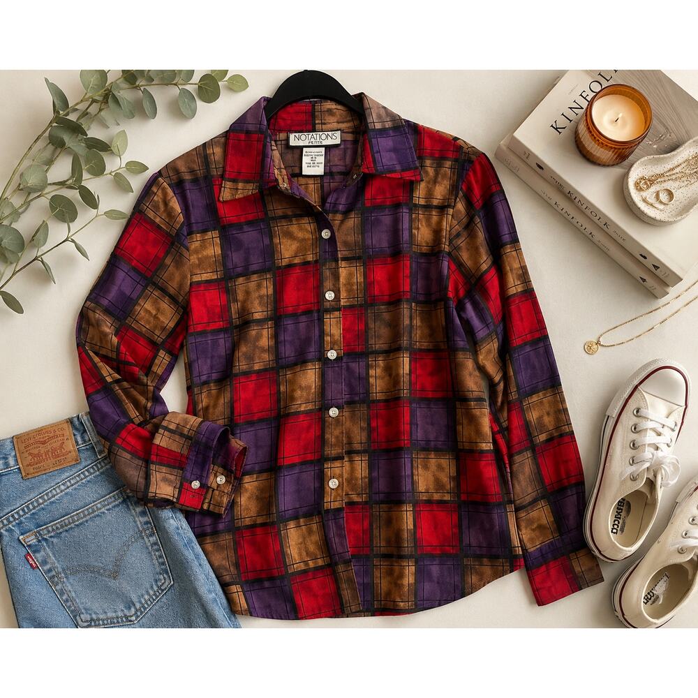 Vintage Notations Petite Abstract Plaid Button Up Blouse Size 8P Retro Grunge
